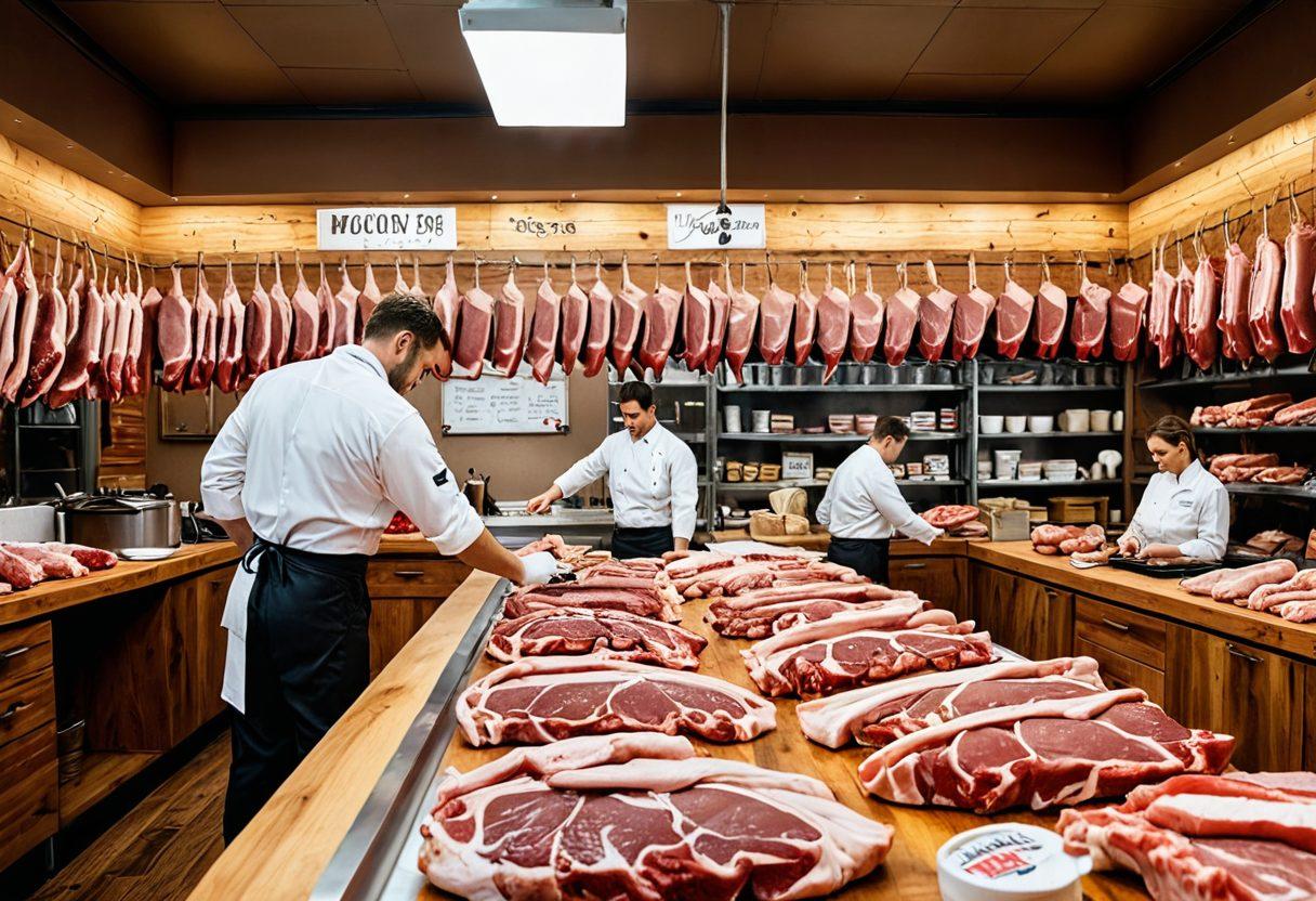 A bustling butchery with various cuts of meat displayed, a butcher examining insurance documents while surrounded by meat hooks and scales. In the background, a small whiteboard depicting risk management strategies and insurance solutions. Emphasize teamwork and safety in the butchery environment. Showcase a mix of warm and vibrant colors for an inviting atmosphere. super-realistic. vibrant colors. 3D.