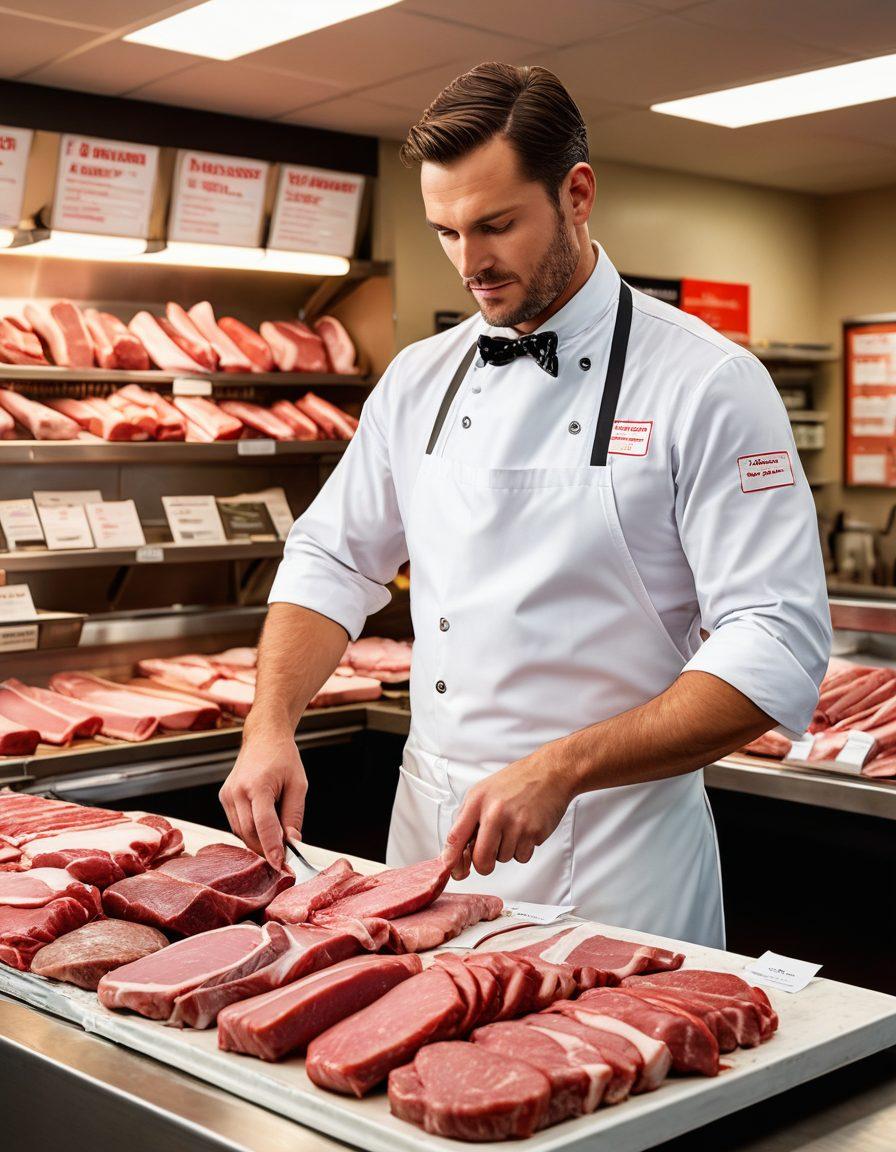 A lively butcher shop scene featuring a diverse range of meats and vibrant displays, with an attentive butcher wearing a classic apron, surrounded by various essential insurance policy documents on the counter. Highlight items like workplace safety posters and a checklist of necessary coverage types. Include warm lighting to evoke a welcoming atmosphere and add a slice of fresh meat as the focal point. super-realistic. vibrant colors. warm tones.