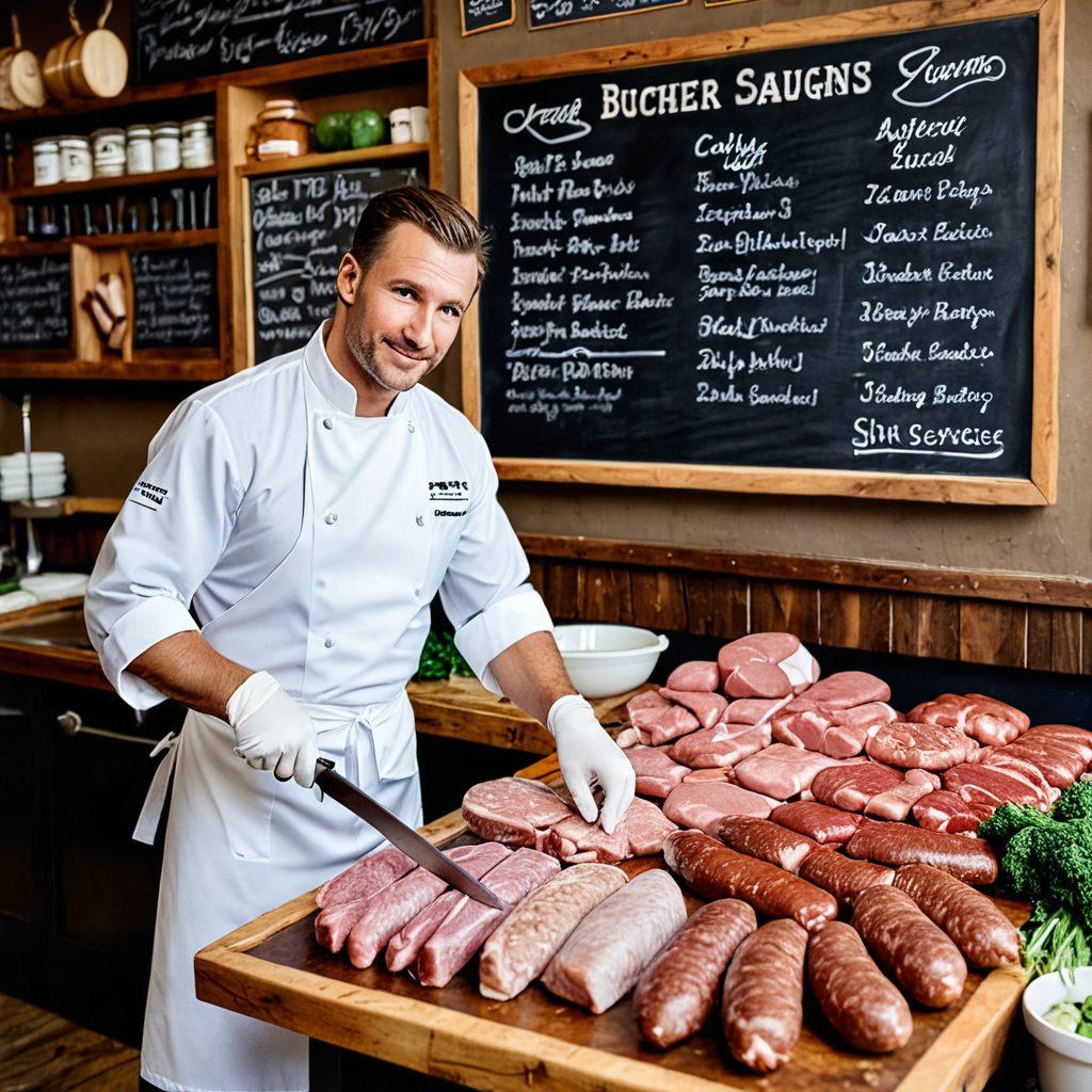 A bustling butcher shop with vibrant displays of various meats, featuring a skilled butcher in action with tools of the trade. In the background, a chalkboard listing essential protection measures for butcher services and meat processing. Bright and inviting colors to emphasize freshness and professionalism. super-realistic. vibrant colors.